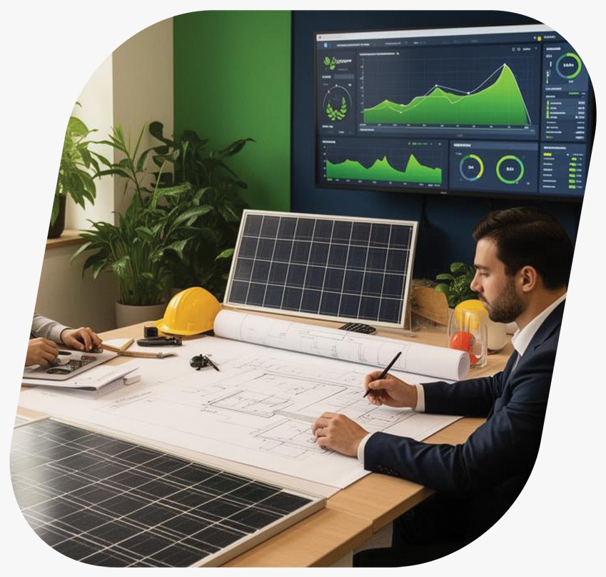 Equipe Sense Energy em reunião técnica com dashboards e painéis solares